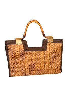 Vintage Woven Straw Handbag Bamboo Handle Brass Accents Brown Fabric Trim Tote